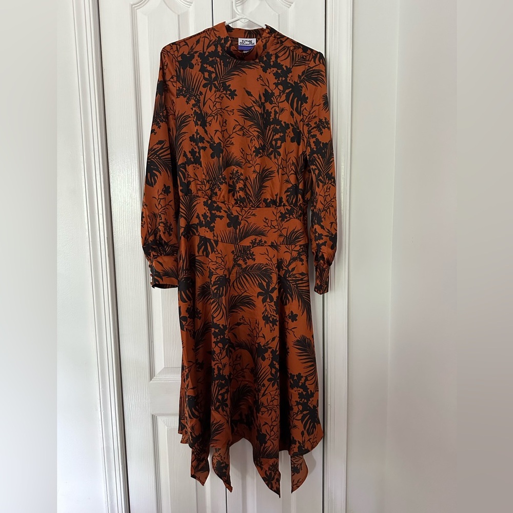 Future Collective Dress Floral Brown Long Sleeve Kahlana Brown Womens Size Small